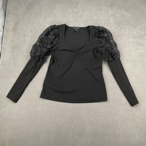 A Love Story Ribbed Blouse Top Women Small Black Rose Appliques Stretch Pullover
